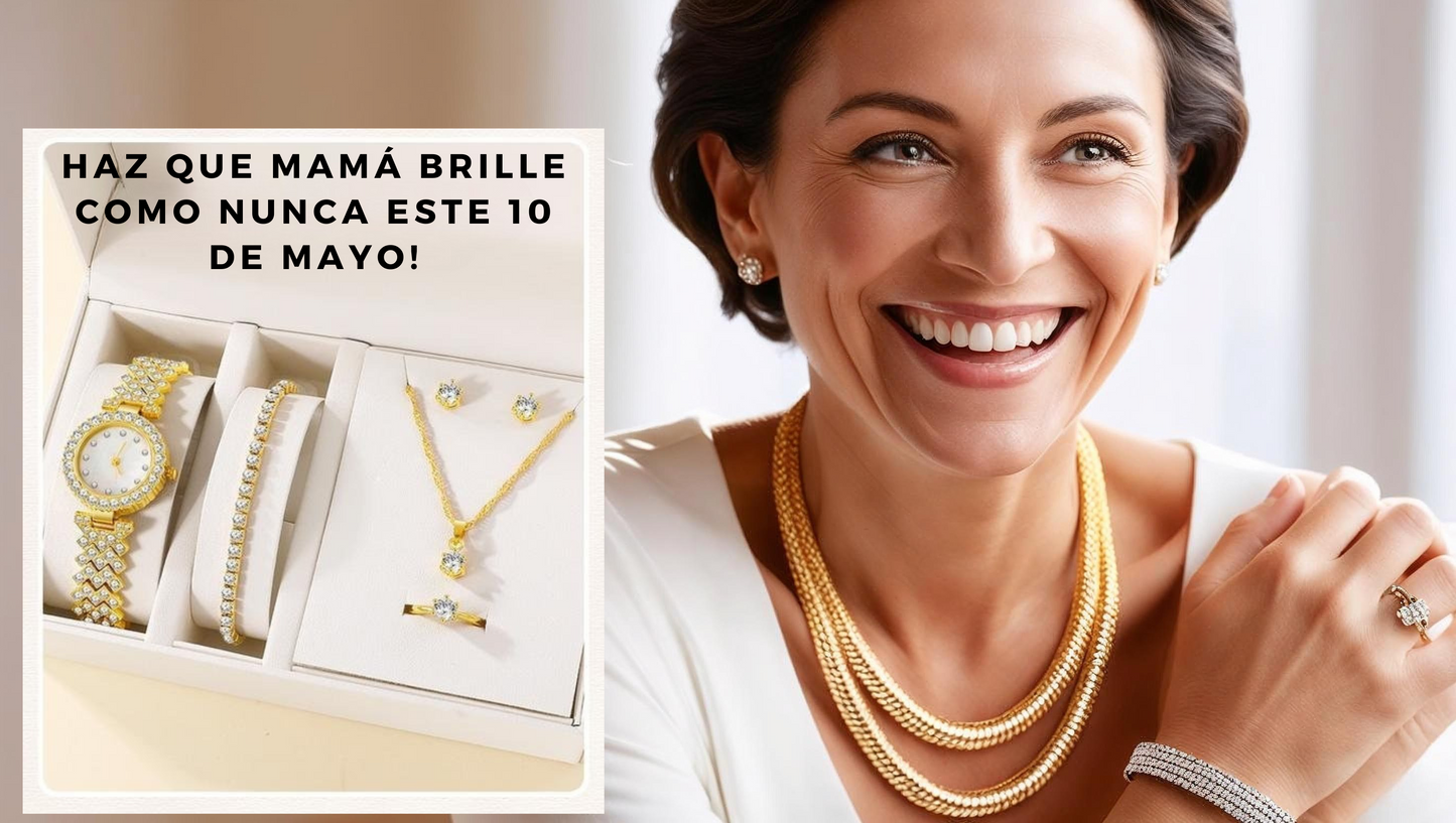 Juego Joyeria Oro Laminado 18 Kilates-Reloj+Pulsera+Aretes+Anillo 🥰SORPRENDE A MAMA ESTE 10 DE MAYO❤️